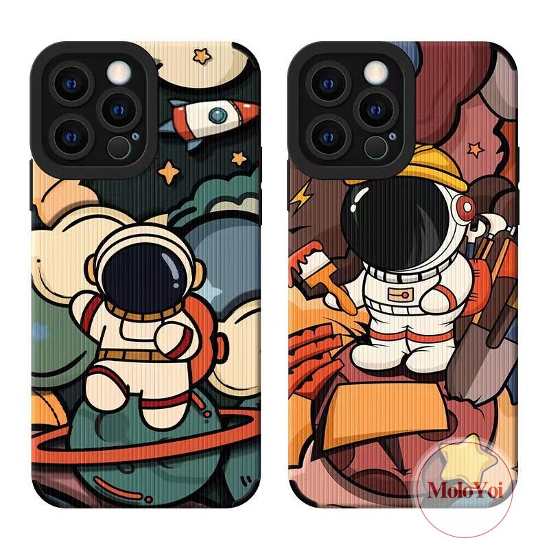 IPHONE Stiker Tekstur Kulit Lembut Shockproof Case Kompatibel Untuk Iphone11 14 13 12 Pro MAX 7Plus XR X XS MAX 8plus7 8 Plus Merek Trendi Kartun Lucu NASA Space Astronot Cover