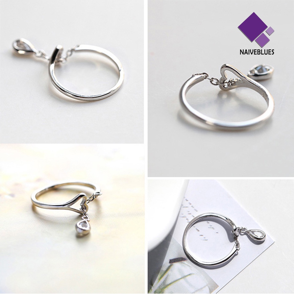&lt; Naiveblues &gt; Rantai Adjustable Teardrop Cubic Zirconia CZ Cincin Pembukaan Hati Berongga