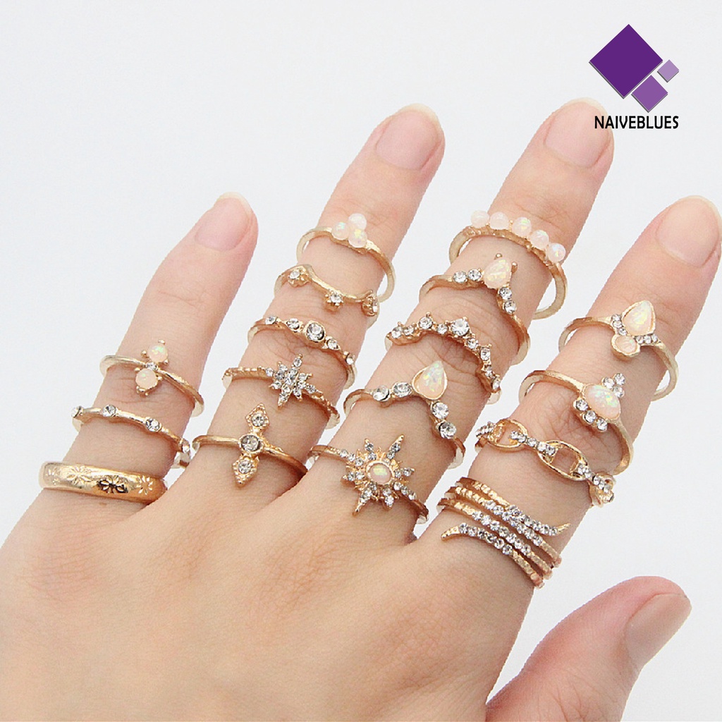 &lt; Naiveblues &gt; 17Pcs/set Bohemian Sederhana Dapat Ditumpuk Berlian Imitasi Midi Ring Knuckle Ring Aksesori