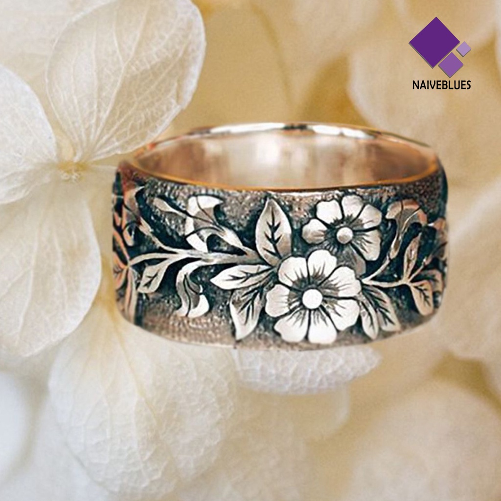 &lt; Naiveblues &gt; Cincin Unisex Pola Bunga Burung Retro Warna Alloy Lebar Hop Jari Aksesori Perhiasan