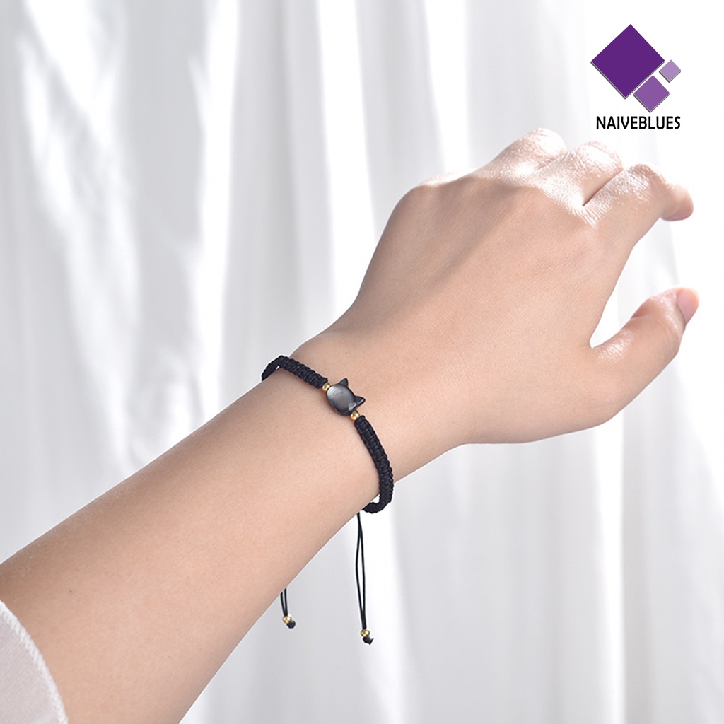 &lt; Naiveblues &gt; Gelang Pasangan Kepribadian Handmade Beads Adjustable Mewah Hitam Kucing Tangan Dikepang Perhiasan