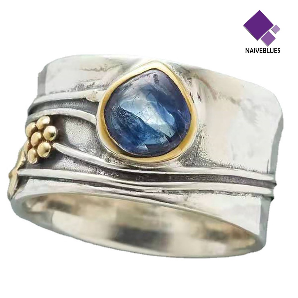 &lt; Naiveblues &gt; Cincin Vintage Two-tone Pernyataan Sederhana Biru Permata Imitasi Daun Jari Cincin Aksesoris