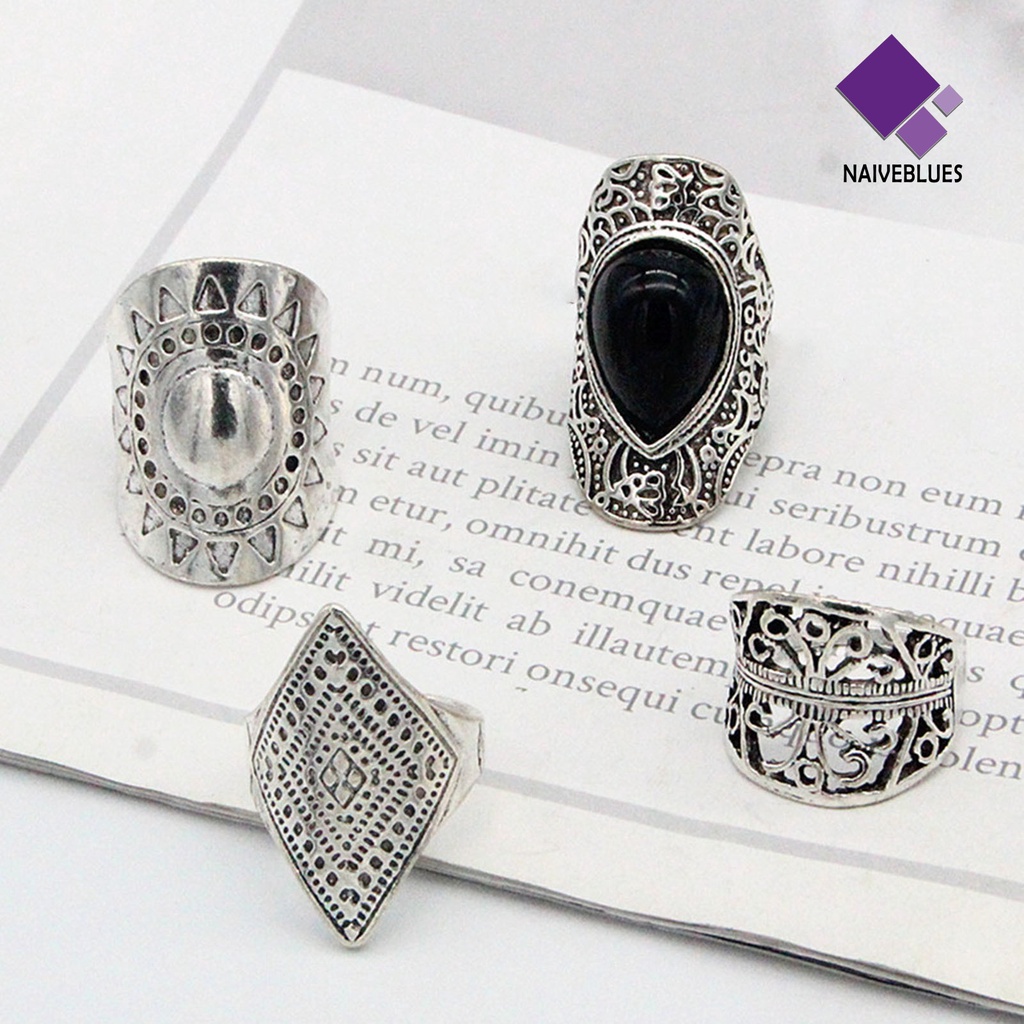 &lt; Naiveblues &gt; 4Pcs/Set Cincin Unisex Gaya Bohemian Tahan Aus Cincin Ringan Super Keren Untuk