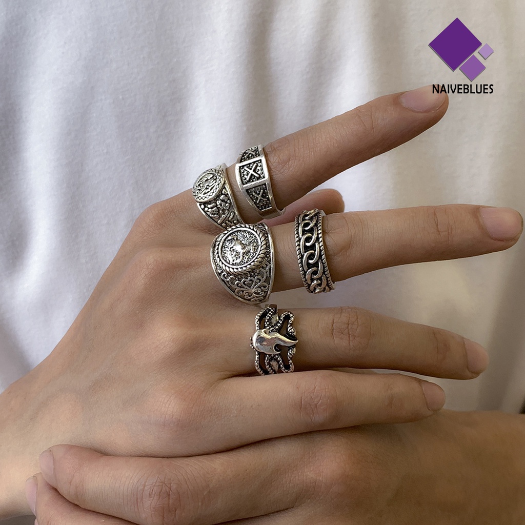 &lt; Naiveblues &gt; 5Pcs/Set Cincin Buku Jari Pola Halus Geometris Mewah Retro Dekorasi Perhiasan Vintage Gothic Joint