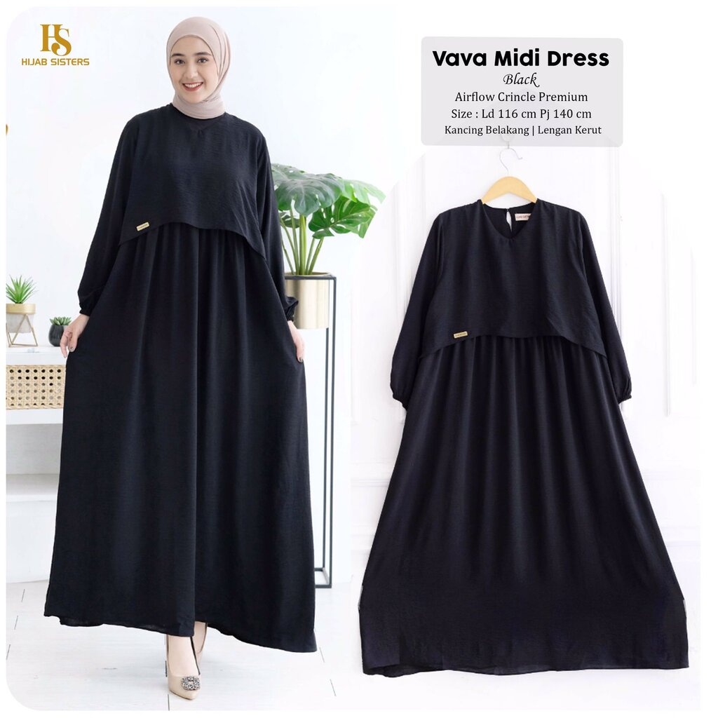 VAVA Midi Dress ORI HIJAB SISTER | Gamis Crinkle Airflow Premium Polos LD 115