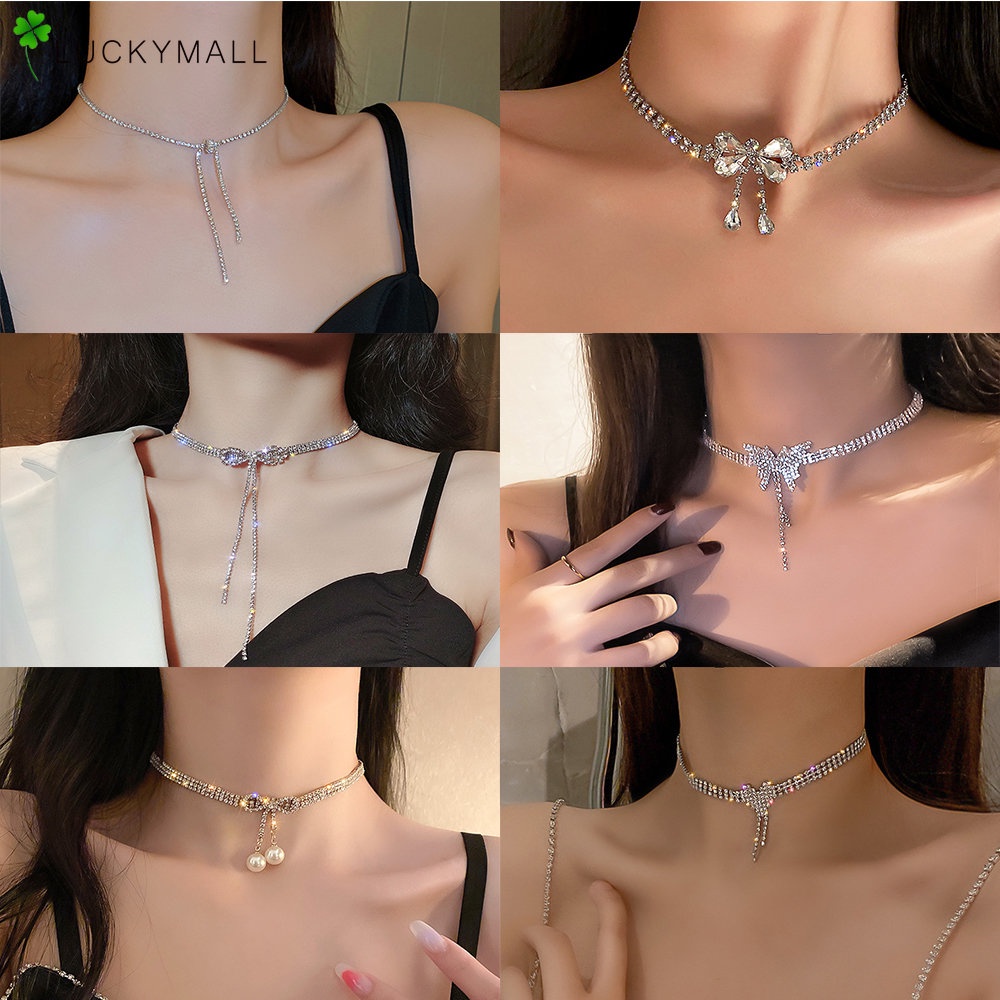 Korea Y2k Perak Zirkon Ikatan Simpul Jantung Choker Fashion Mutiara Rumbai Kupu-Kupu Kalung Untuk Wanita Aksesoris Perhiasan