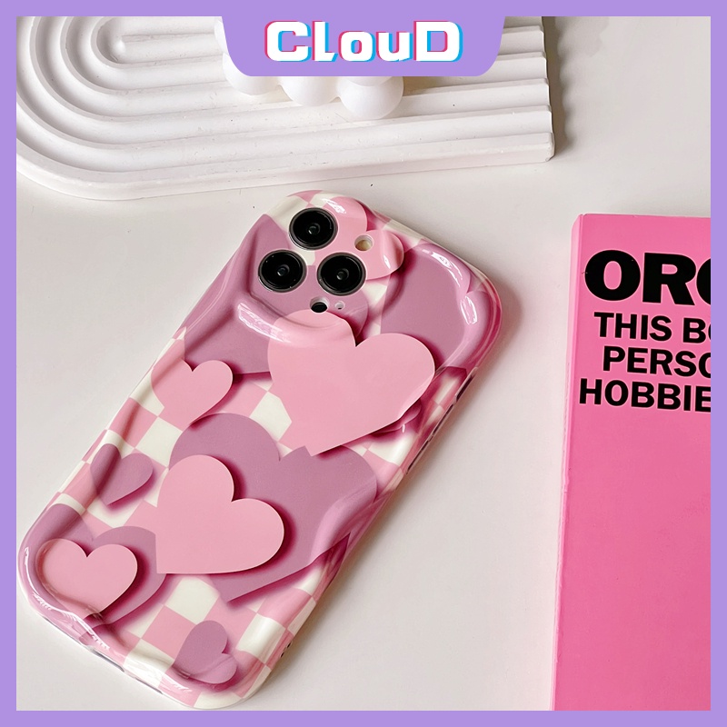 Casing 3D Wavy Curved Edge Gradient Love Heart Kompatibel Untuk iPhone 7Plus 14 11 13 12 Pro Max XR 76 8 6s Plus X XS Max SE 2020 Motif Kotak-Kotak Shockproof Glossy Soft Cover