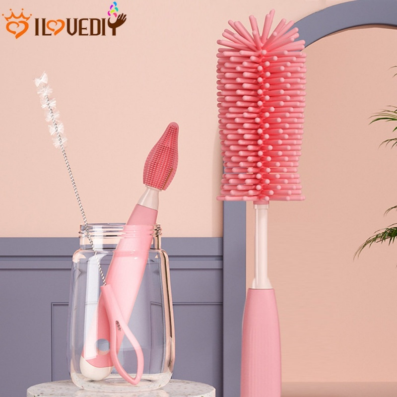 3pcs/set Sikat Gelas Dot Silikon Sikat Botol Bayi Baru Lahir Food Grade Nipple Dropper Brushes Gagang Panjang Nipple Cup Cleaning Set Sikat Pembersih Rotasi 360derajat