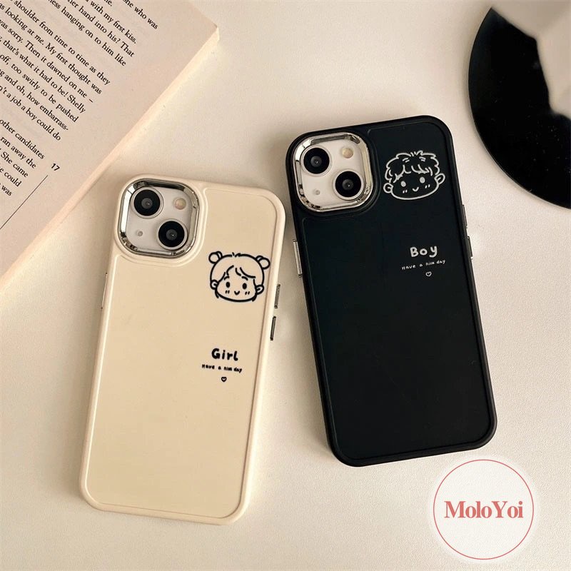 IPHONE Bingkai Lensa Logam Plating Mewah Kartun Lovers Case Kompatibel Untuk Iphone11 7 8 Plus 14 13 12 Pro MAX X XR XS MAX 7plus 8plus Pasangan Lucu Cowok Cewek Lembut Penutup Belakang