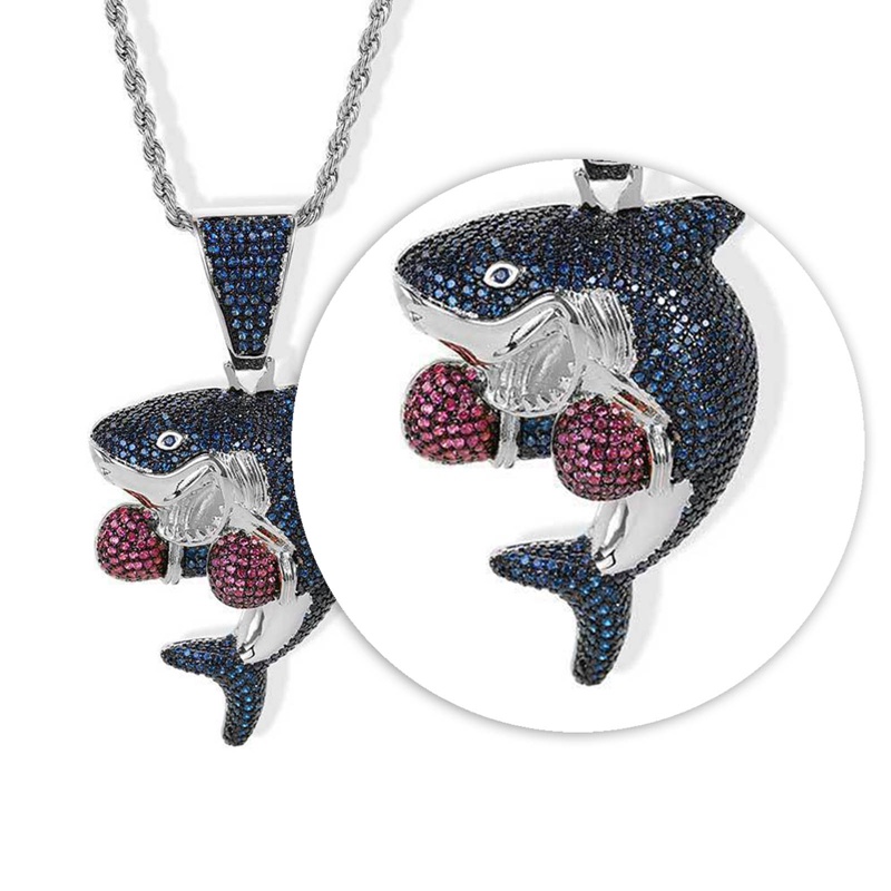 Cubic Zirkon Tinju Hiu Liontin Kalung Warna Emas Pesona Bling Pria Rantai Keluar Neckalce Hip Hop Anime Liontin Pesta Perhiasan