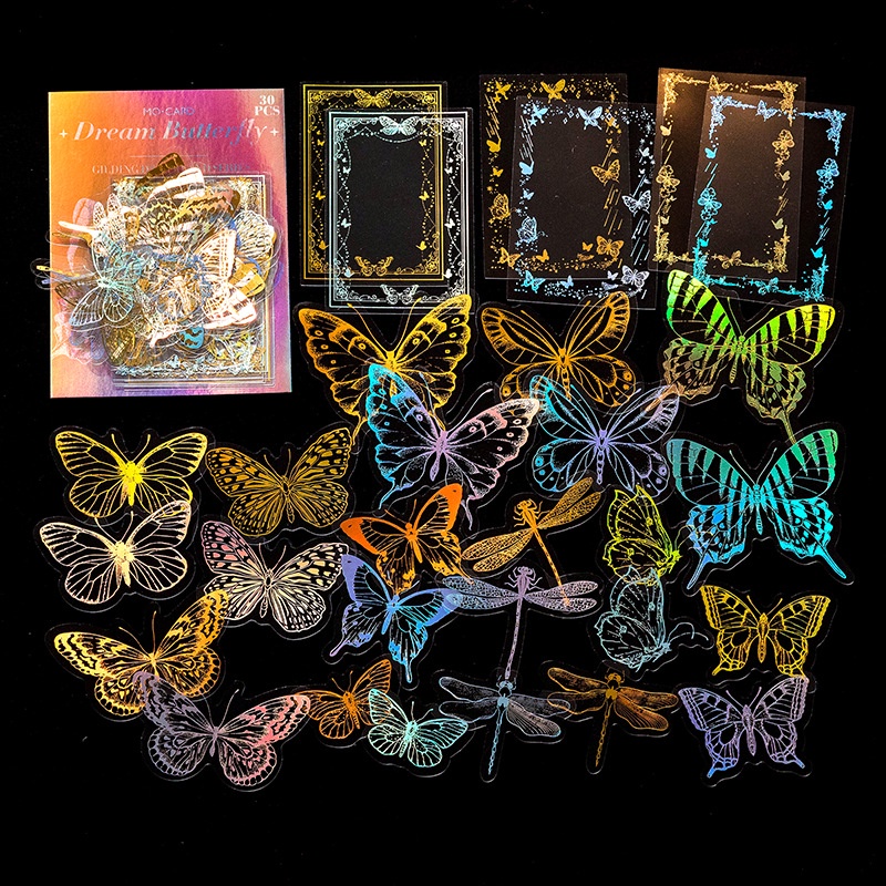 30 Pcs PET Laser Gilding Stiker Lucu Dekorasi Kolase Jurnal Diy Scrapbooking Perlengkapan Perekat Diri Kreatif Kerajinan Alat Tulis