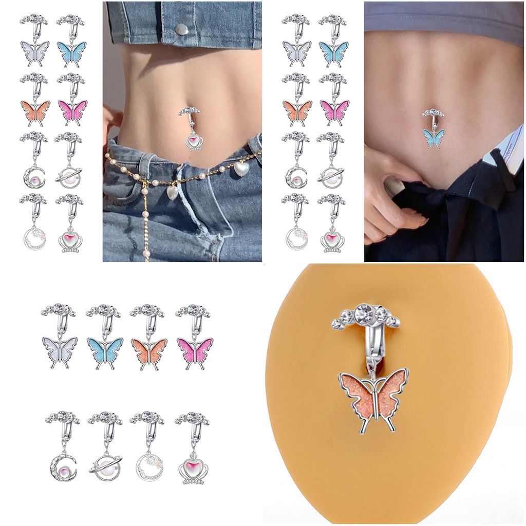 Klip Tindik Pusar Kristal Stainless Steel Cubic Zircon Jantung Butterfly Belly Button Rings Perhiasan Tanpa Tindik Sexy Untuk Wanita