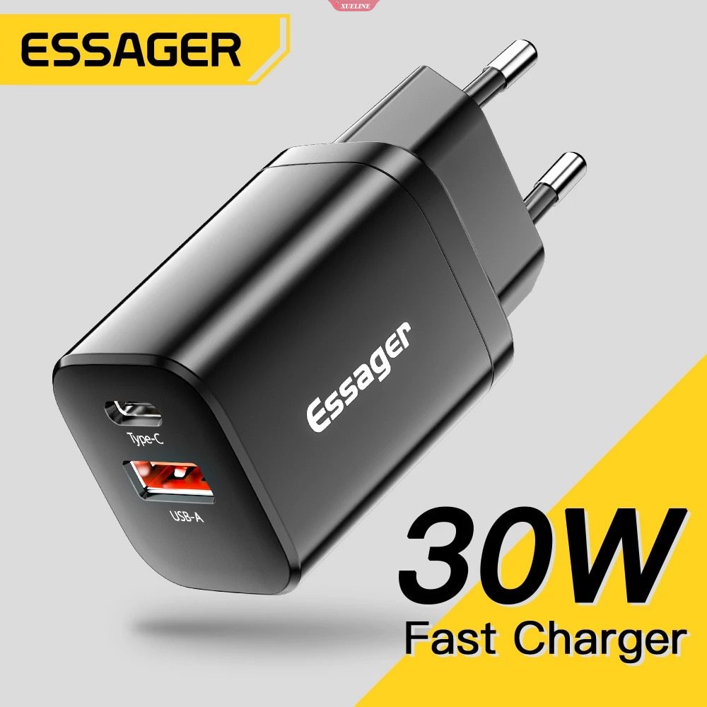 IPHONE Essager USB Type C Fast Charger 30W QC PD 3.0 Dual Port Adaptor Mini Portable Untuk Iphone14 13 12 IPad Xiaomi Fast Wall Chargers [WOW]