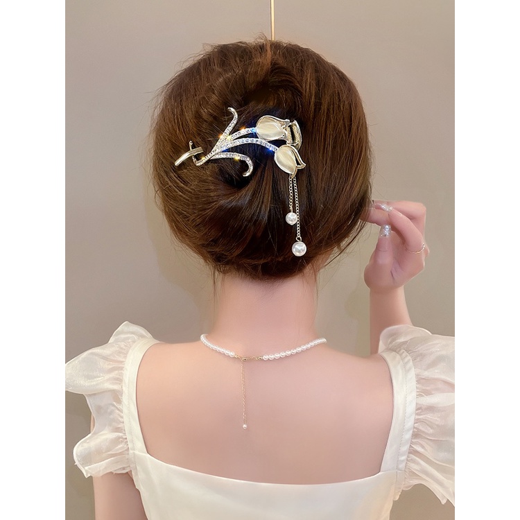 Bunga Tulip Alloy S-shaped Hair Clip Fashion Berlian Imitasi Mutiara Jumbai Jepit Rambut Wanita Aksesoris Rambut