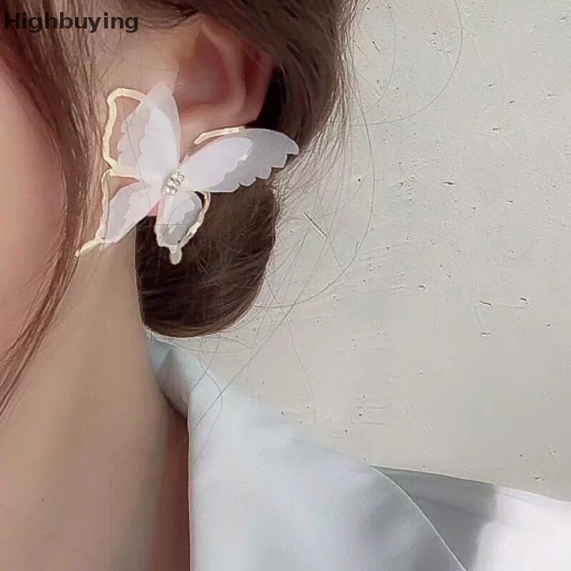 Hbid Anting Kupu-Kupu Jala Besar Romantis Tulle Hewan Hitam Putih Butterfly Stud Earrings Pesta Pernikahan Fashion Perhiasan Glory