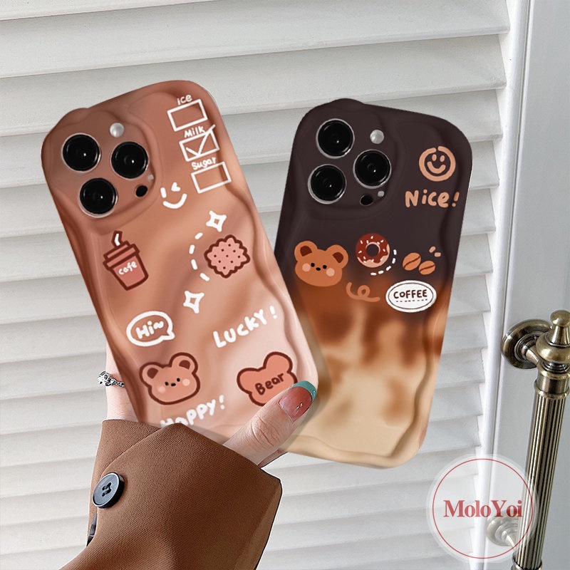 IPHONE Smiley Coffee 3D Wavy Curved Edge Glossy Case Kompatibel Untuk Iphone11 12 13 14 Pro Max XR X XS Max 7Plus 8 6s 6 7 Plus SE 2020 Lucu Kartun Beruang Gradien Telepon Tpu Soft Cover