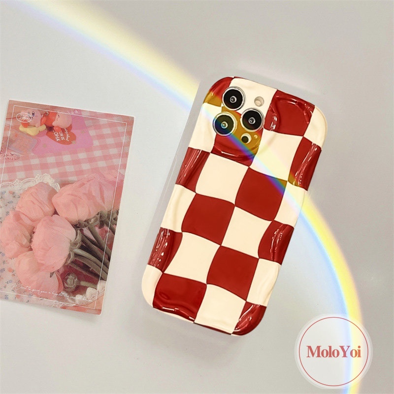 Soft Case 3D Wavy Curved Edge Kompatibel Untuk IPhone XR XS X Max11 14 13 12 Pro Max8 6s 6 7 Plus SE 2020 Checkerboard Kartun Merah Perayaan Tahun Baru Kelinci Lucu Cover