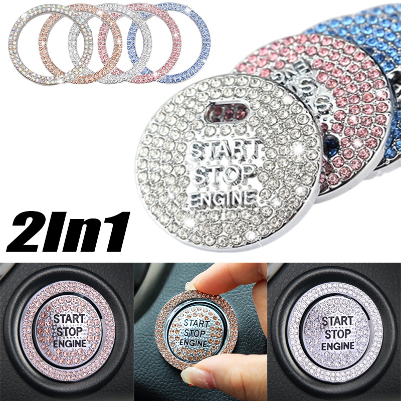 2in1 Mobil Bling Hias Start Switch Tombol Stiker Berlian Berlian Berlian Imitasi Ring Lingkaran Decals Full Cover Trim Silver Merah Muda Aksesoris Mobil