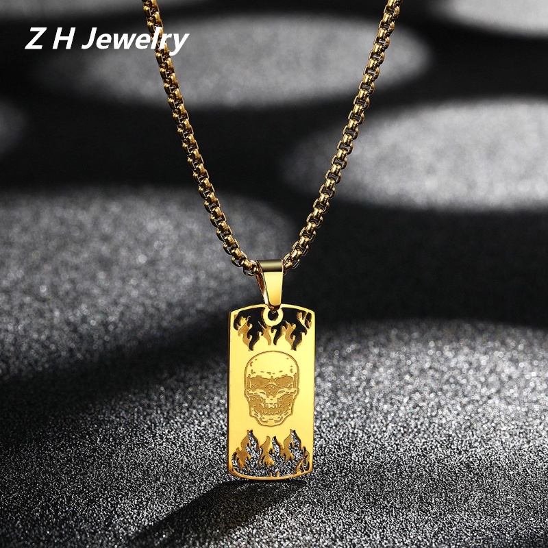 Zh Perhiasan Hip Hop Rock Fashion Pria Stainless Steel Hantu Api Tengkorak Kepala Liontin Kalung Motor Pesta Perhiasan Pengiriman