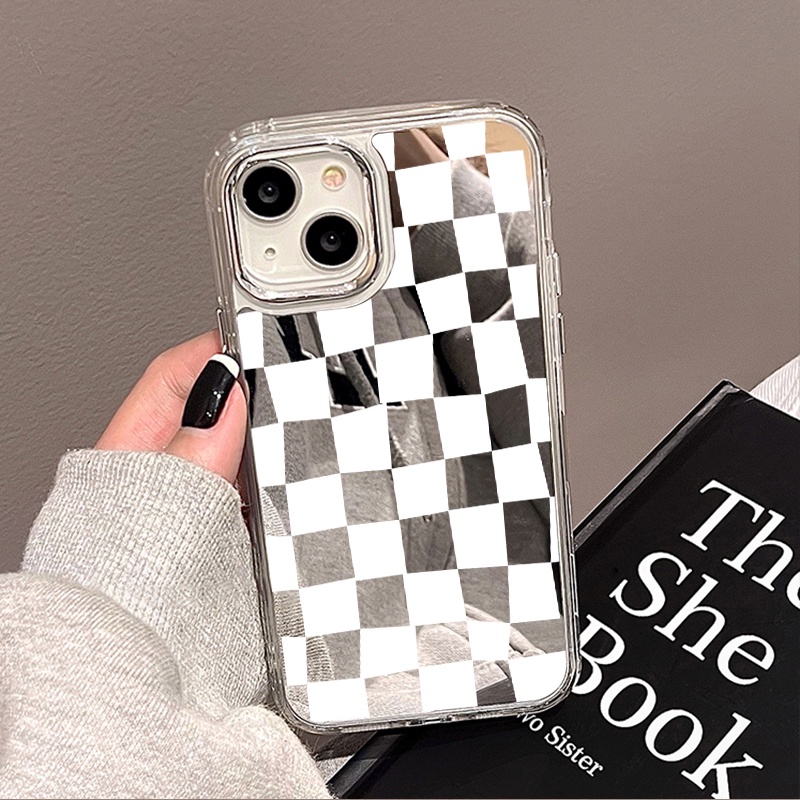 IPHONE Casing Ponsel Cermin Kotak-Kotak Sederhana Kompatibel Untuk Iphone11 12 13 14 12Pro 13Pro 14Pro Pro Max XR X XS Max Electroplating Tombol Perlindungan Mirror Cover