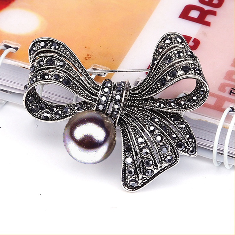 Pin Bros Bunga Roset Kristal Berlian Imitasi Mutiara Hitam Vintage Untuk Wanita Perhiasan Pernikahan Elegan