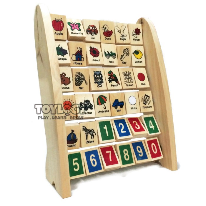 Mainan Kayu Edukasi Anak Huruf Alphabet Angka Berdiri Balok Abjad Papan Belajar Wooden Montessori