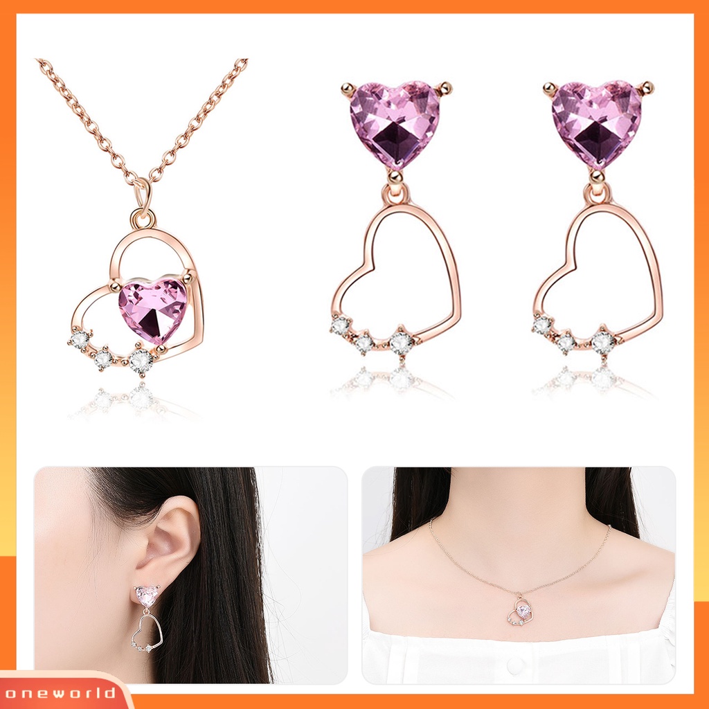 [ONE] 1set Perhiasan Aksesoris Liontin Hati Berlian Imitasi Mengkilap Kristal Imitasi Kalung Menjuntai Anting Set Perhiasan Wanita Aksesori