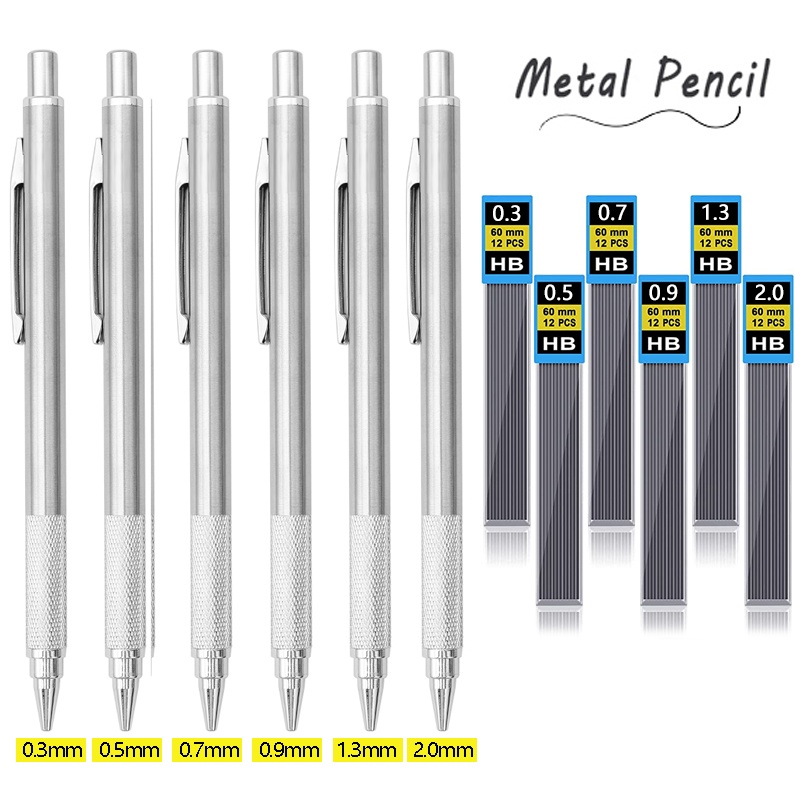 Banyak Ukuran Pensil Mekanik Logam Berkualitas Tinggi/ Sketsa Serut Stainless Steel Tahan Lama Pena Otomatis Alat Tulis Sekolah Kantor