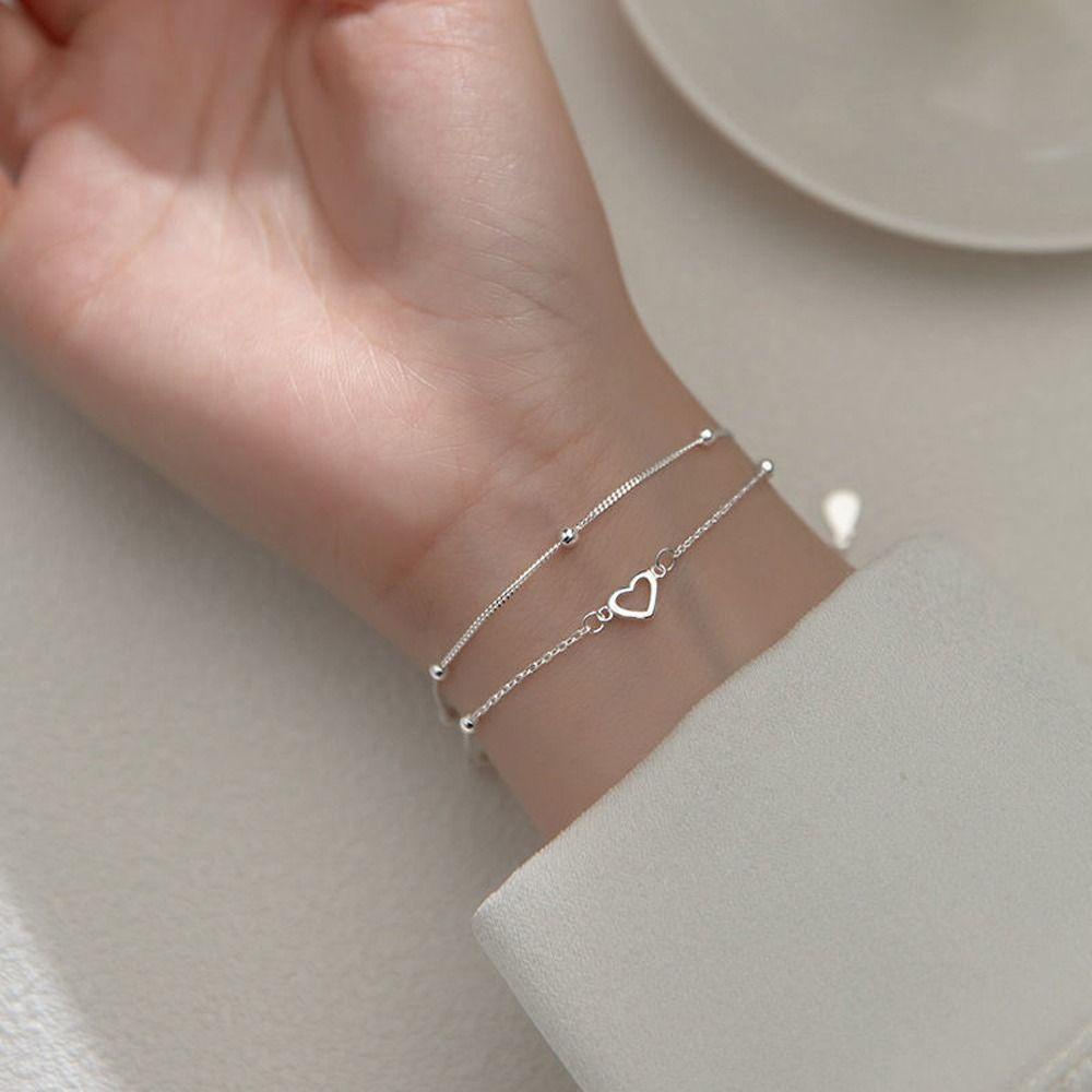 Mxbeauty Wanita Double Layer Gelang Kepribadian Keren Lingkaran Sederhana Berongga Hati Niche Desain Alloy Titanium Steel Rantai Tangan