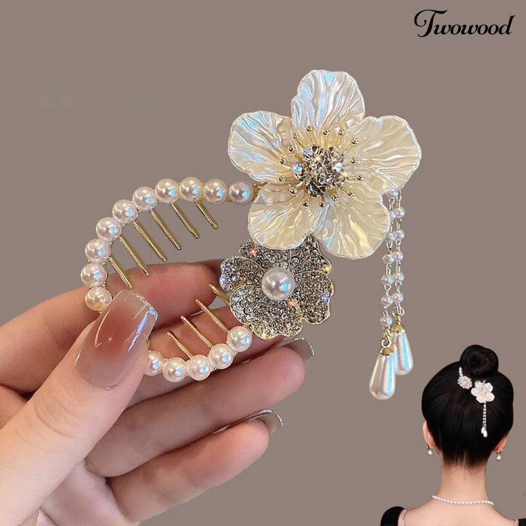 Twowood Lady Ponytail Claw Flower Panjang Rumbai Camelia Mutiara Imitasi Mengkilap Berlian Imitasi Hiasan Rambut Dengan Gigi Anti Putus Anti-slip Klip Rambut Aksesoris Rambut