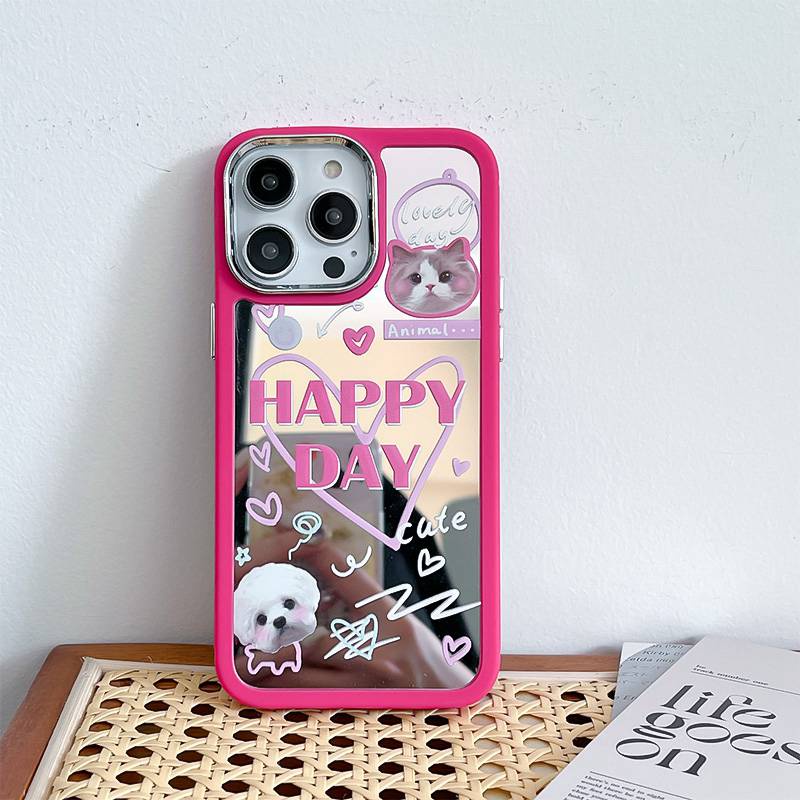 IPHONE Semua Baru Cermin Jadi Lucu Merah Muda Hewan Peliharaan Kucing Anjing Silikon Soft Case Iphone11 12 13 14 Pro Max Fashion Wanita Hadiah Kamera Dilapisi Gadis Merah Telepon Kasus Happy Day