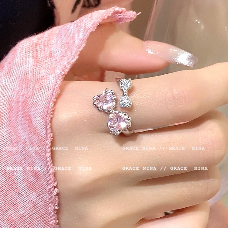 Ay(cn) Cincin Zircon Pink Kristal Busur Hati Butterfly Rings Untuk Aksesoris Perhiasan Wanita