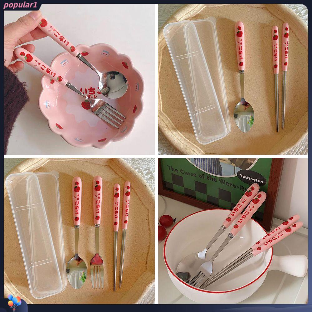 Populer Sendok Garpu Set Travel Lucu Strawberry Alat Makan Stainless Steel