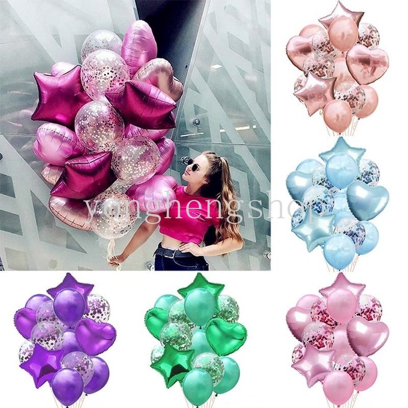 14 Pcs/set Campuran Hati Bintang Berbentuk Aluminium Foil Balon Confetti Lateks Balon Pernikahan Baby Shower Dekorasi Ulang Tahun Globos Balon Perlengkapan Pesta