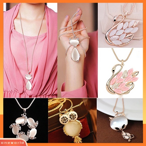 [WOD] Wanita Fashion Sweater Rantai Kalung Berlian Imitasi Kucing Swan Owl Liontin Perhiasan Hadiah