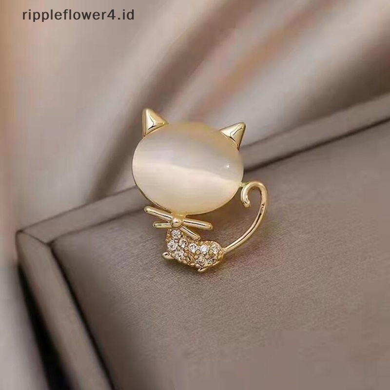 {rippleflower4.id} Berlian Imitasi Elegan Opal Batu Bulan Kucing Bros Pin Untuk Wanita Anak Kucing Lucu Hewan Kristal Korsase Bros Pakaian Aksesoris Hadiah Perlengkapan Pesta~