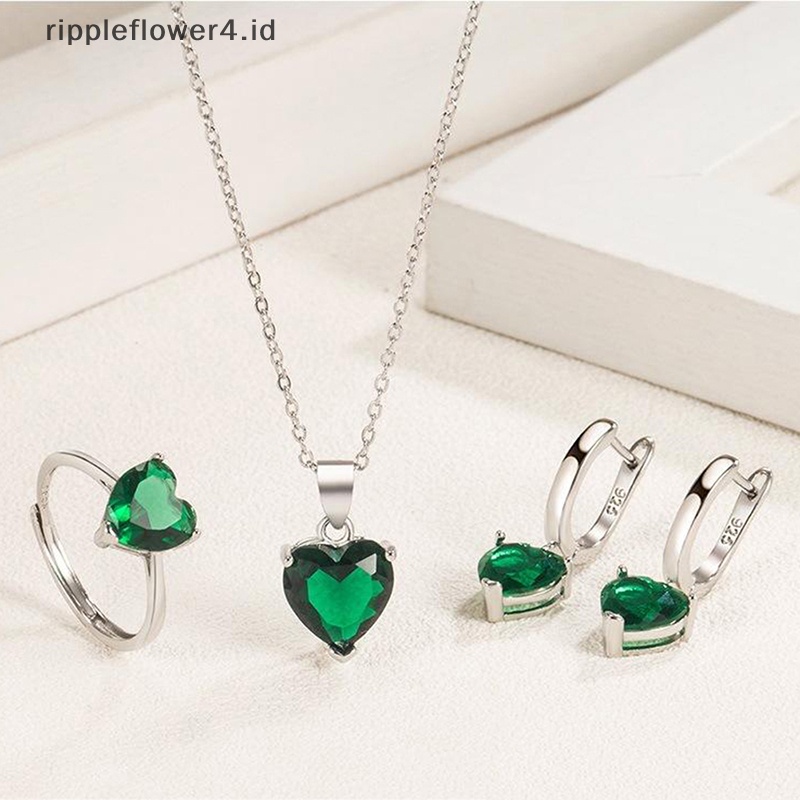 {rippleflower4.id} 1set Manis Fashion Perhiasan Set Hati Zirkon Liontin Kalung Drop Anting Cincin Pernikahan Pengantin Elegan Rantai Choker Anting Rings~