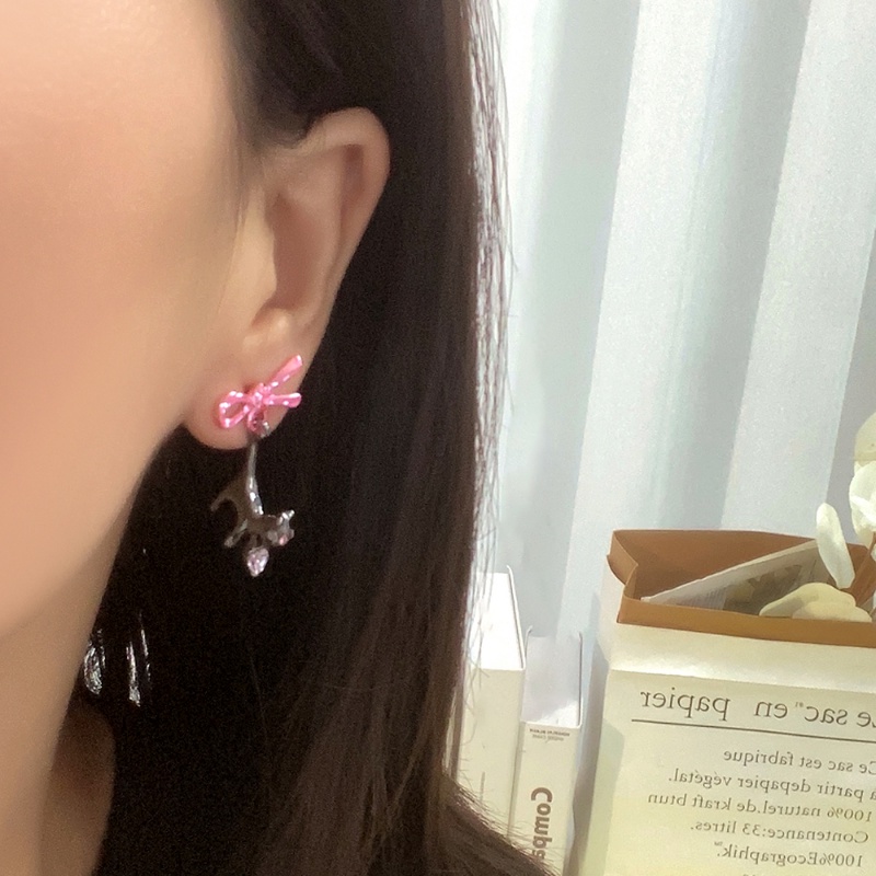 Wanita Korea Hitam Kucing Merah Muda Hati Drop Earrings/ Manis Y2K Berlian Imitasi Busur Liontin Anting/ Aksesoris Perhiasan Anting Aesthetic