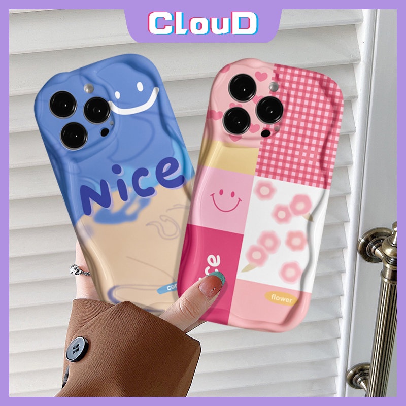 Soft Case 3D Wavy Curved Edge Untuk Redmi Note8 10s 9 12 11s 10 Pro Max Plus 11 Redmi 10A 9T 9C NFC A1 9 A2 9A 10C 10 POCO M3 Motif Kotak-Kotak Huruf Simple Smile Pink Flower Cover