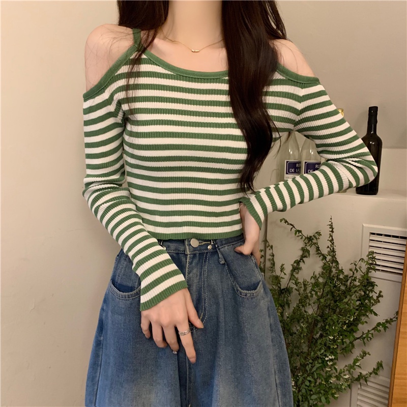 Kekinian Atasan Wanita Off-Shoulder Lengan Panjang Korean Rajut Top