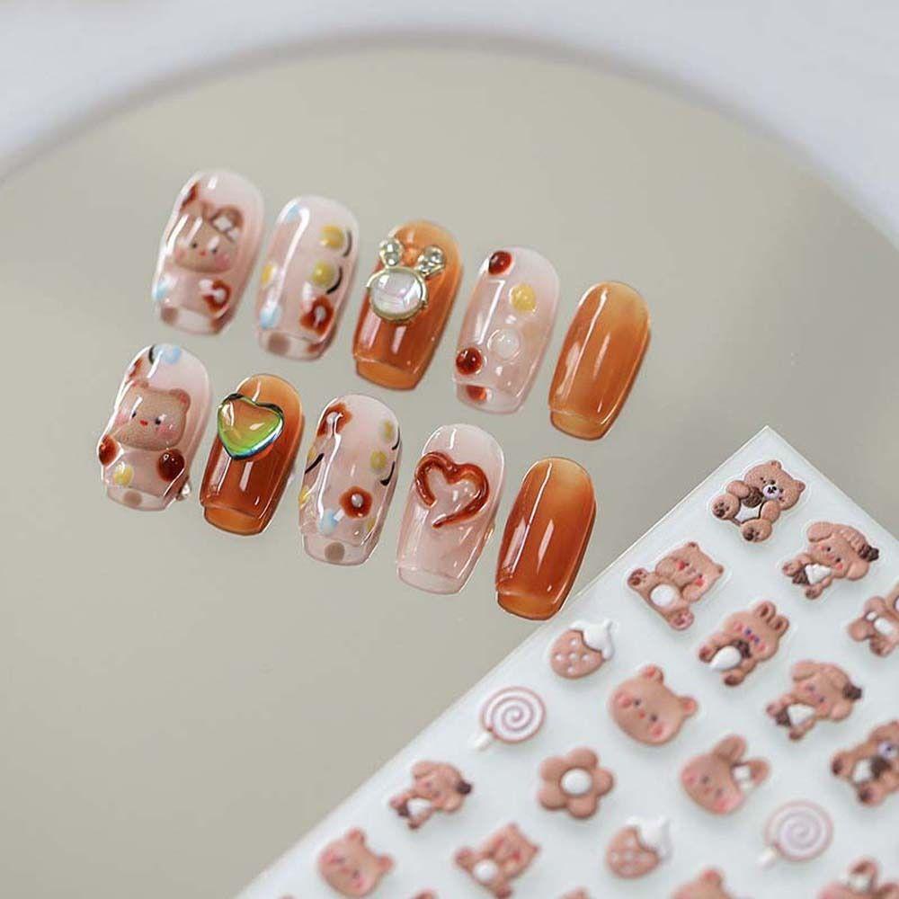 Agustina Kartun Stiker Kuku 3D Relief Perekat Diri Buah Strawberry Bear Dessert Dekorasi Kuku