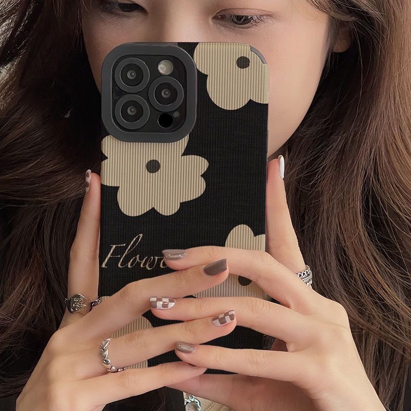 All New Lamb Skin Pretty Black Art Flower Soft Case IPhone 7 Plus 8 Plus X XS XR XS Max 11 13 12 14 PRO Max 14 Plus SE Phone Case Girl Girl Women' Fashion Black Flower Case