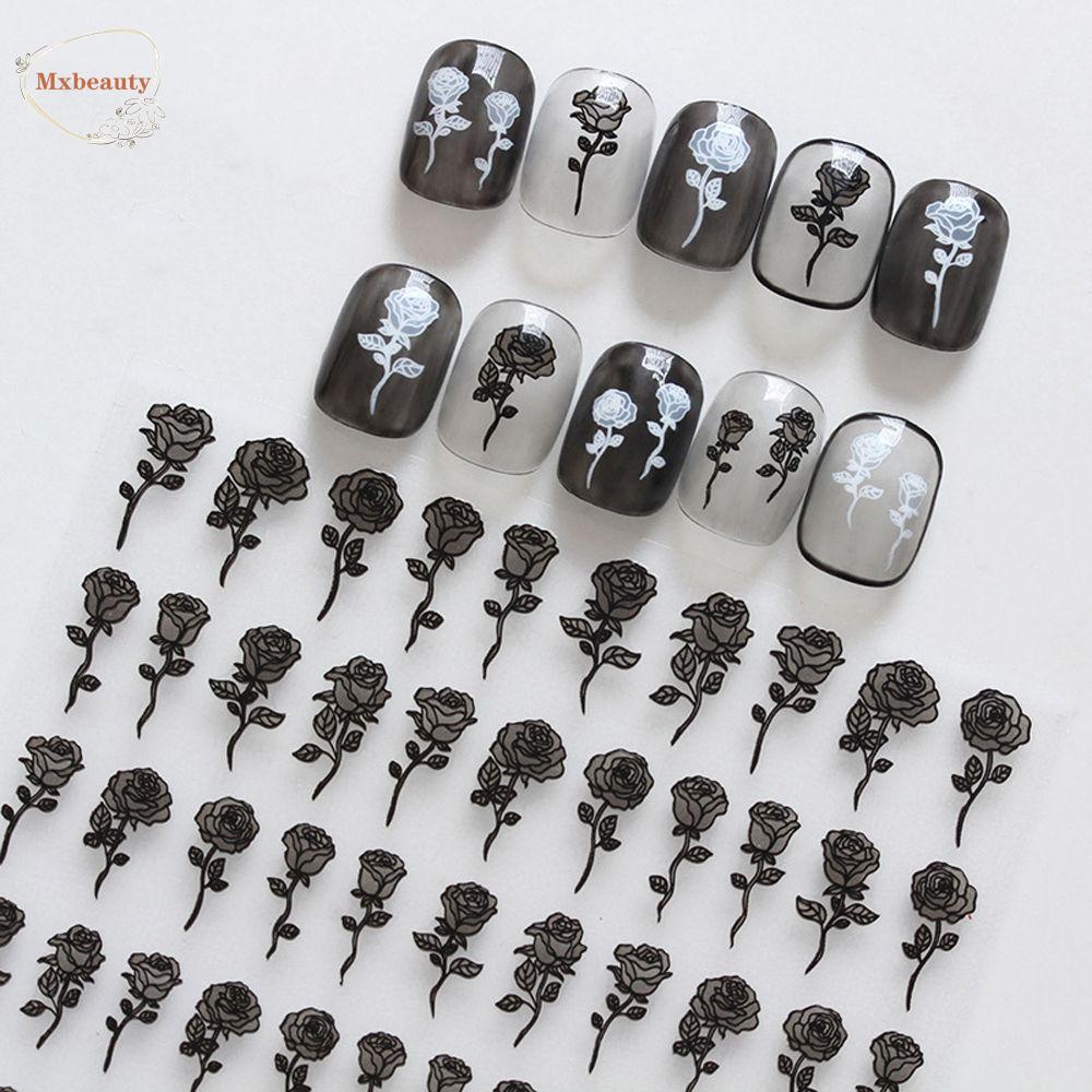 Mxbeauty Stiker Kuku Bunga Wanita Pola Noda Asap Perekat Diri Hitam DIY Nail Decals