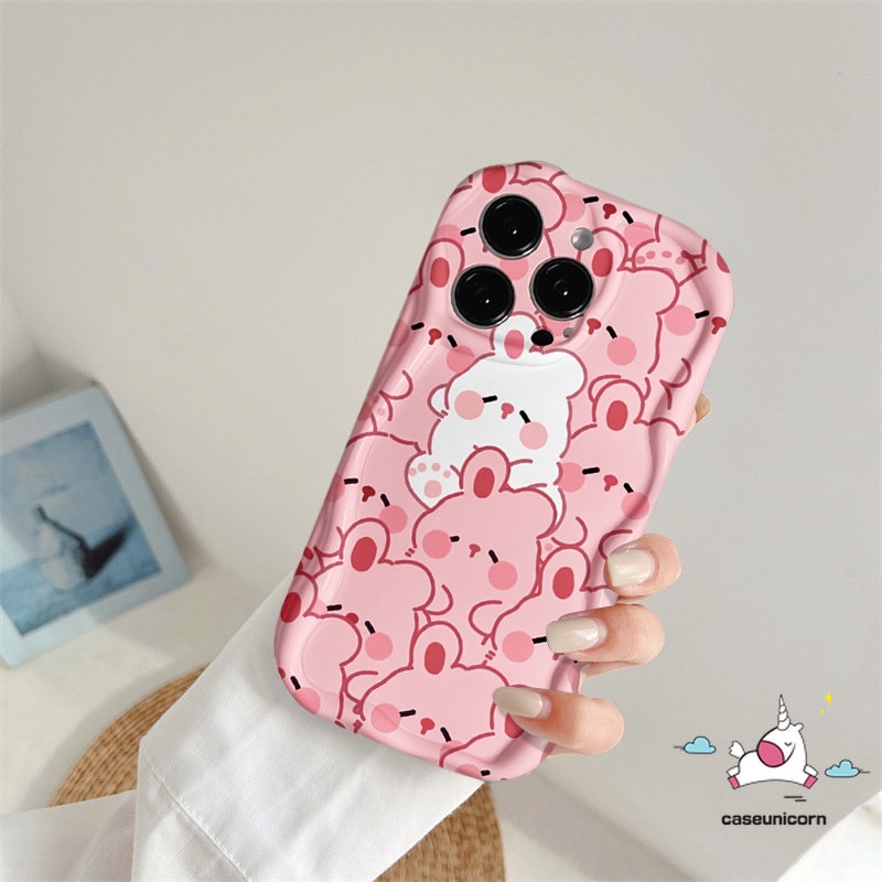 IPHONE 3d Wavy Curved Edge Kartun Kelinci Indah Pasangan Case Kompatibel Untuk Iphone13 11 7Plus 14 12 Pro Max XR 6 7 8 6s Plus X XS Max SE 2020 Glossy Fashion Babi Lucu Tpu Soft Cover