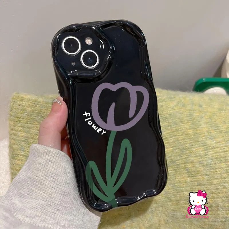 Casing Tepi Melengkung Bergelombang 3D Untuk Redmi A1 A2 9T 10A 9C NFC 10C 9 10 9A Redmi Note 11 10 10s 8 10 Pro Max Plus 12 9 11s 10Pro POCO M3 INS Fashion Bunga Tulip Keberuntungan Hitam Lembut Sarung