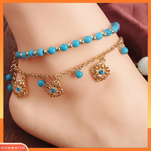 [WOD] Boho Double Layers Berlian Imitasi Bunga Turquoise Kaki Rantai Gelang Kaki Ankle Bracelet