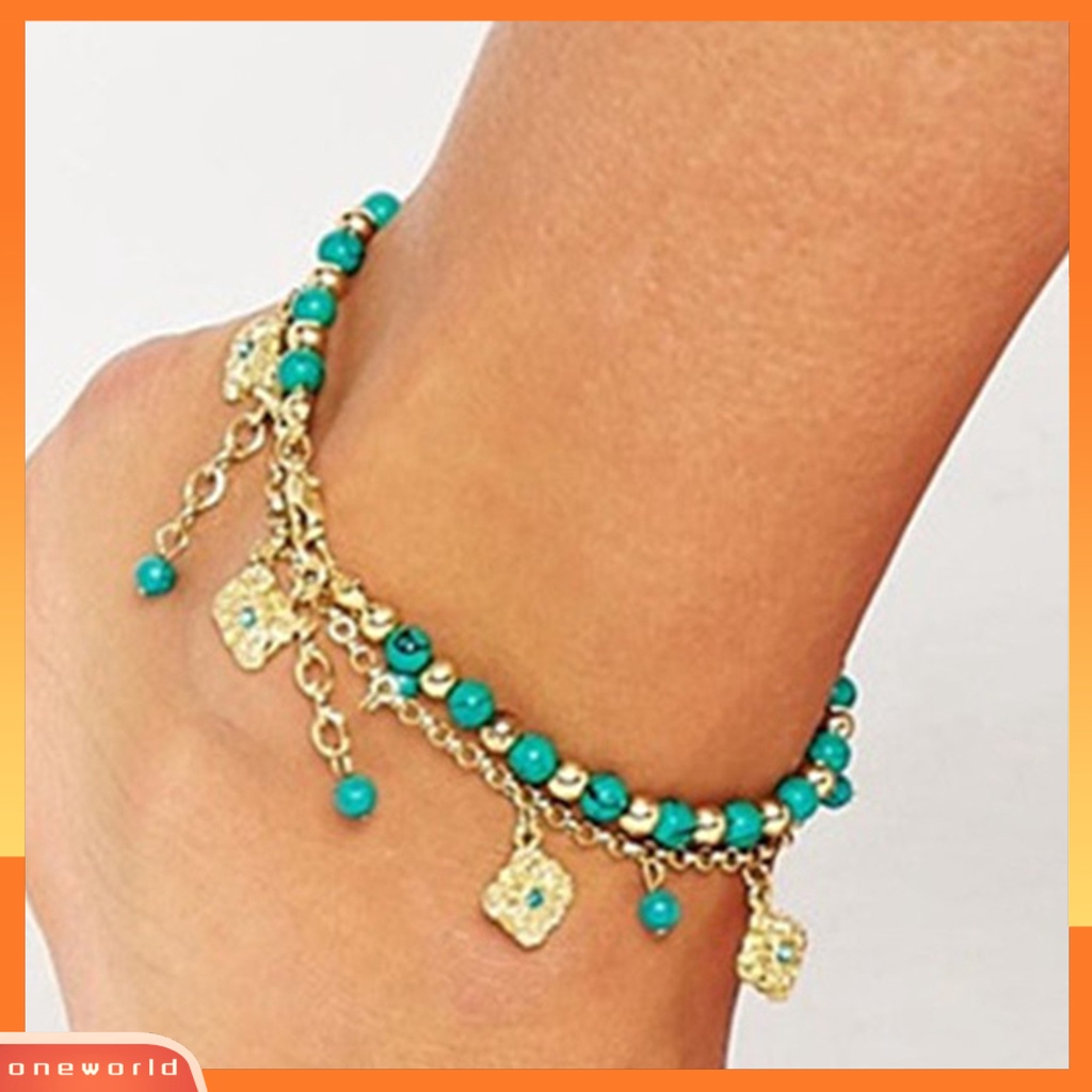 [WOD] 2pcs /Set Gelang Kaki Kristal Imitasi Adjustable Alloy Bohemian Faux Turquoise Bead Gelang Kaki Pantai Untuk Pantai