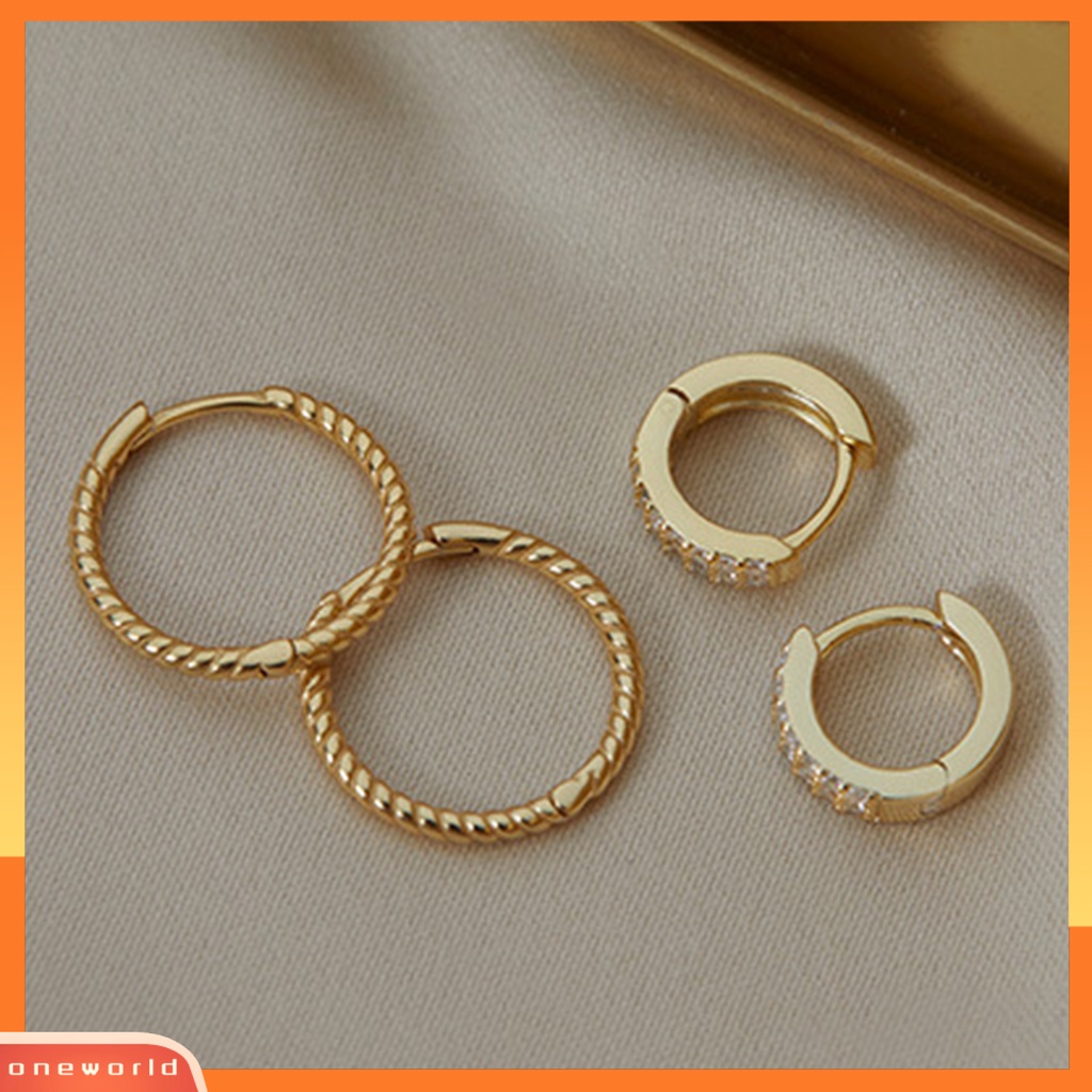 [WOD] 1pasang Anting Hoop Tembaga Geometris Cubic Zirconia Lingkaran Kepang Hoop Stud Earring Untuk Kehidupan Sehari-Hari