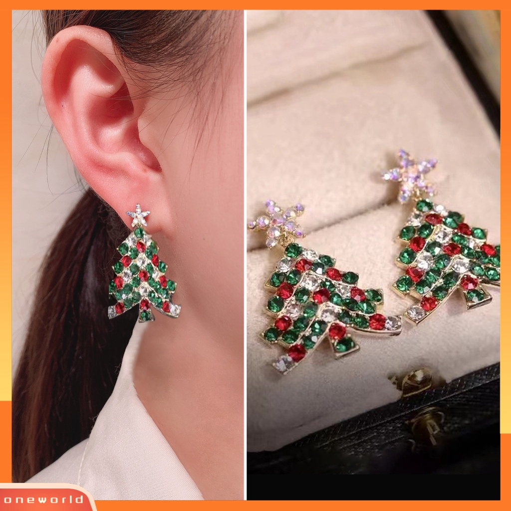 [WOD] 1pasang Wanita Anting Natal High-end Mengkilap Cubic Zirconia Bentuk Pohon Natal Stainless Kaya Warna Menghias Telinga Indah Bentuk Bunga Lady Gantung Anting Hadiah