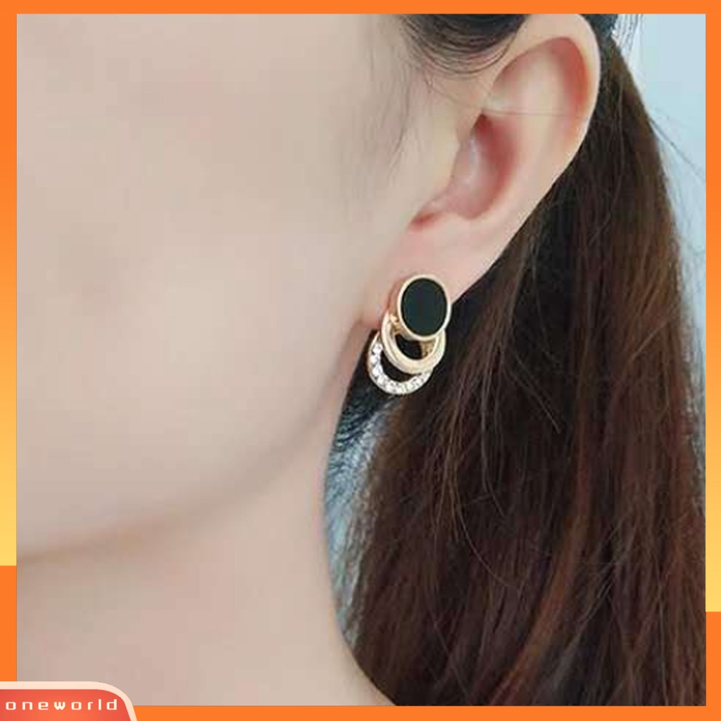 [WOD] 1pasang Ear Studs Multi-layer 3cincin Bulat Lingkaran Hitam Hadiah Fashion Perhiasan Berlian Imitasi Berkilau Wanita Anting Untuk Harian